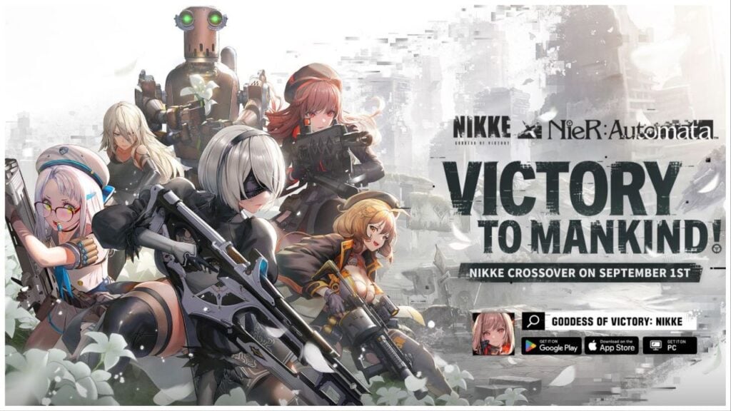 feature image for our nikke nier automata news, the image features official promo art for the collaboration, with characters from nikke such as neon, anis, and rapi crouching down as they wield their guns, with A2 and 2B crouching with them as they also hold weapons, pascal from automata is standing behind them all whilst holding a flower