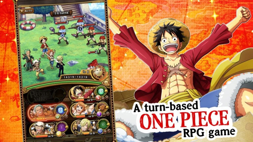 Feature image for our One Piece Treasure Cruise ships guide. It shows art of the One Piece character Luffy, alongside a screenshot of a battle screen.