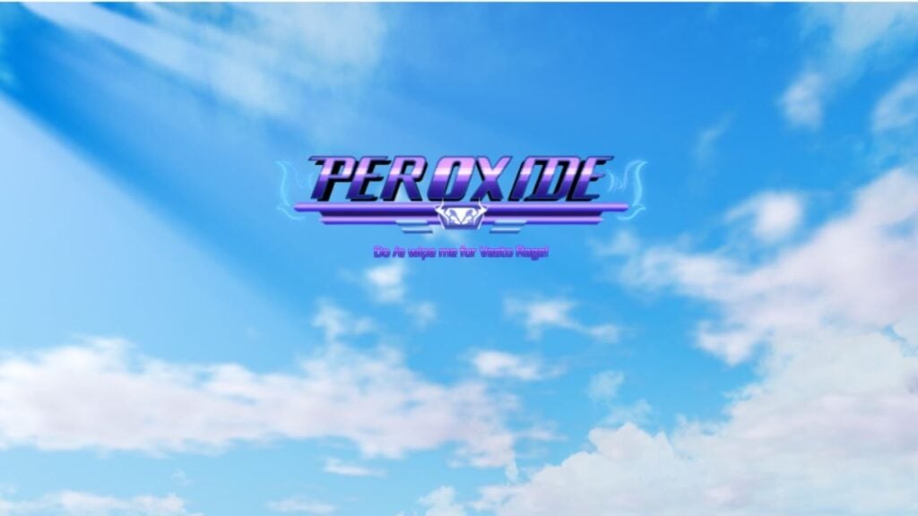 Feature image for our Peroxide Schrift tier list. It shows the game's logo in purple against a blue sky with white cloud.