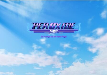 Feature image for our Peroxide Schrift tier list. It shows the game's logo in purple against a blue sky with white cloud.