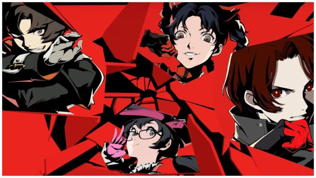 feature image for our persona 5: the phantom x awakening cbt news, the image features a screenshot from the trailer of the special art that pops up during combat, each character is placed on a shard of what looks to be glass as they pose in their phantom thief outfit