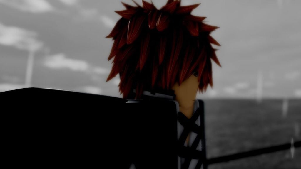 Feature image for our Project Mugetsu Kurosaki guide. It shows an in-game screen with a Roblox version of Ichigo Kurosaki stood on a grey, rainy plain.