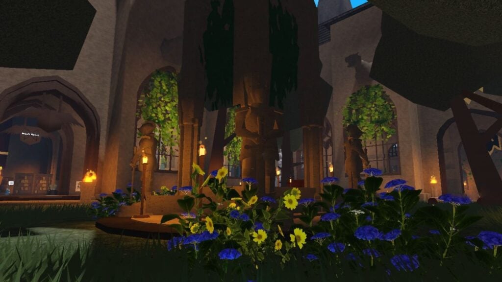 Feature image for our Ro-Wizard Gems guide. It shows an in-game screen of the school courtyard with knight statues.