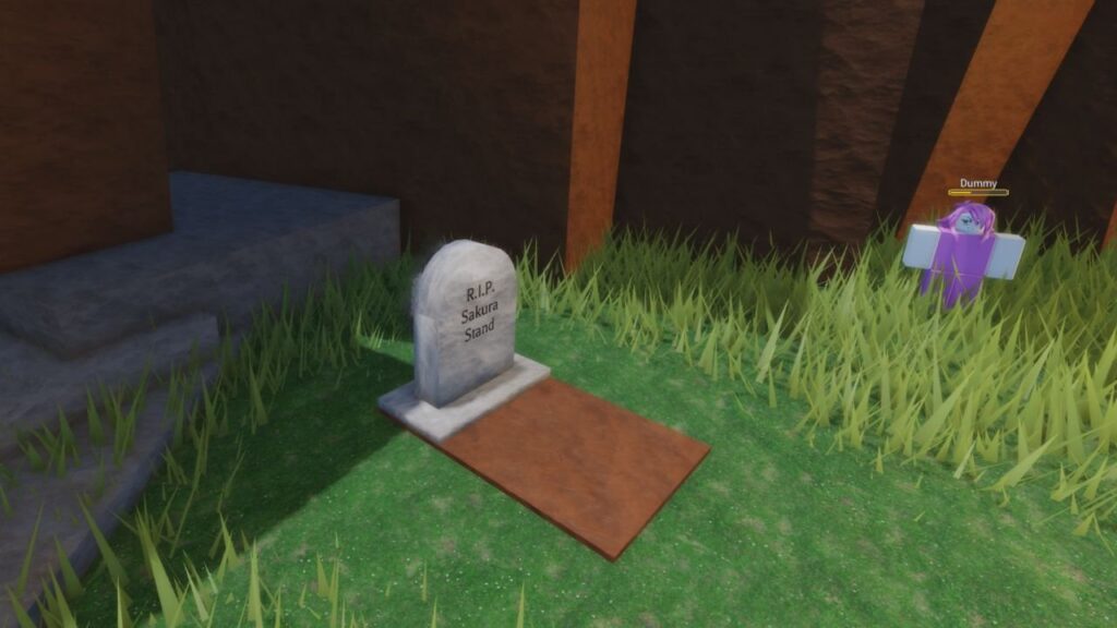 Feature image for our Sakura Stand Astolfo guide. It shows an in-game screen with a grave, the gravestone reads 'Sakura Stand' and 'RIP'.