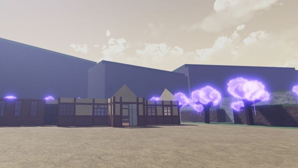 Feature image for our Slayer Tycoon demon art tier list. It shows a partially-build house with the demon tycoon progression, with glowing Wisteria trees around it.