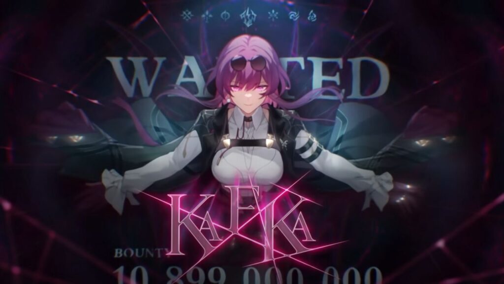 Feature image for our Star Rail Kafka news piece. It shows a screen from the Kafka trailer with the character of Kafka with her arms spread out. 'Wanted' is written over her head, with a large bounty below.