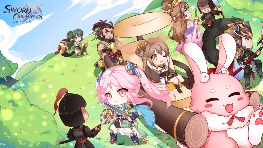 Feature image for our Sword Chronicles: Awaken tier list. It shows chibi versions of several of the characters alongside a pink rabbit.