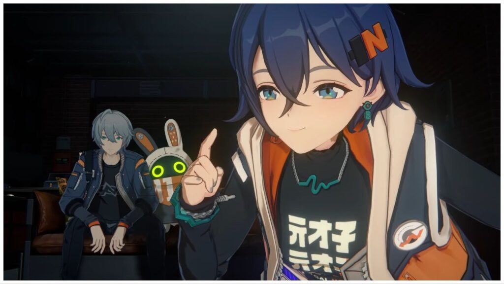 feature image for our zenless zone zero console news, the image features a promo image for the game of a character leaning close to the camera while pointing up and smiling as she looks to the side, there is a male character sitting down with a rabbit robot sitting next to him