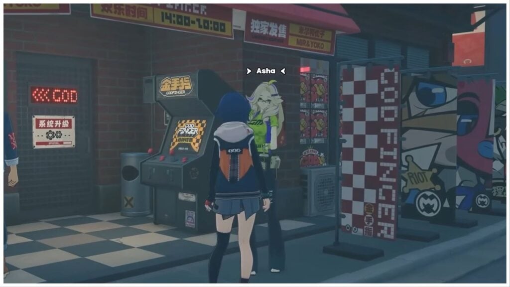 feature image for our zenless zone zero gameplay news, the image features a screenshot from the latest gameplay video of the player's character talking to a character called Asha outside of an arcade that has a retro arcade machine outside