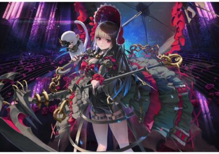 The image shows a character from Destiny Child with a stunning gothic-like look. She is holding a super cool scythe too!