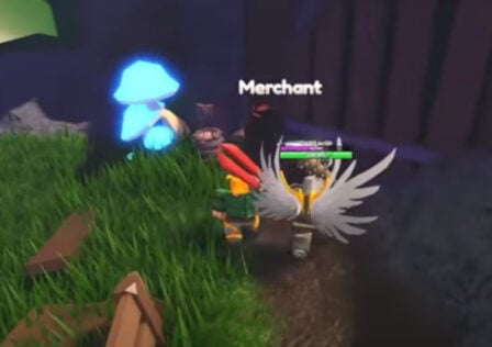 Feature image for our guide on Roblox Elemental Dungeon Merchant. Image shows some grass, a blue light, and a few Roblox characters - one with 'Merchant' written above.