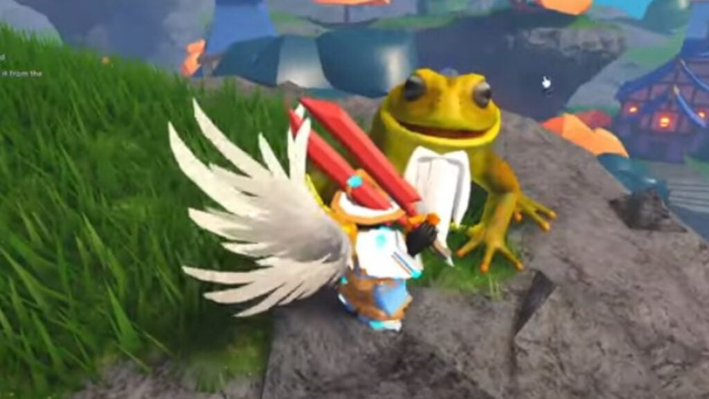 Feature image for our Roblox Elemental Dungeons The Wise Blind Toad guide. Image shows a large toad on some grass with a Roblox character next to it.