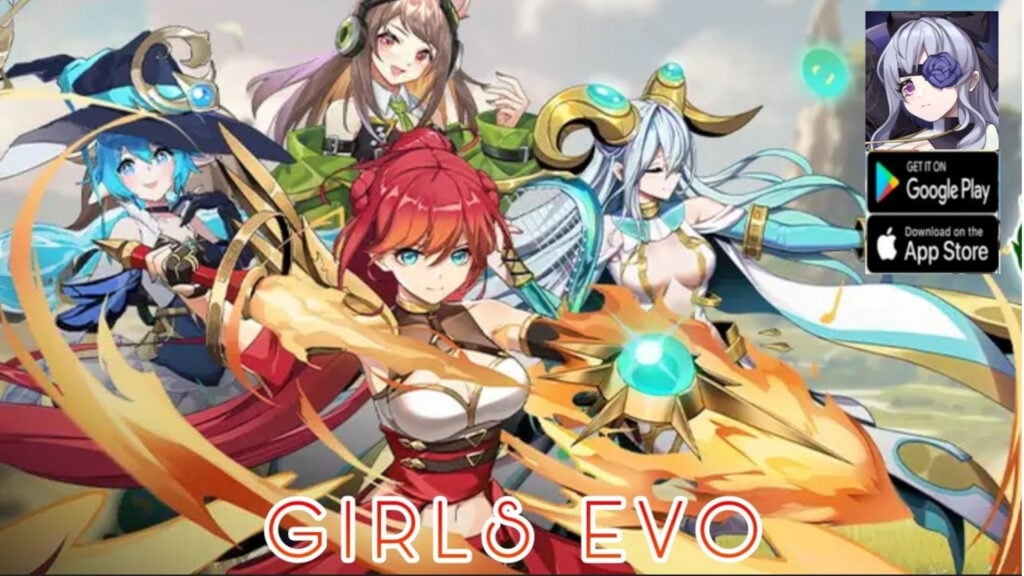 Feature image for our news article about the new RPG 'Girls Evo'. Image shows different anime girls holding different weapons, with the games name at the bottom.