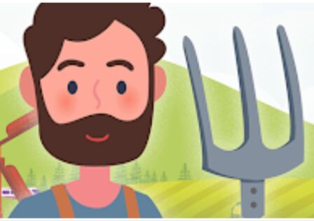 The image is of the Harvest Valley logo which shows a brunette man holding a gardening fork. Hes smiling :)