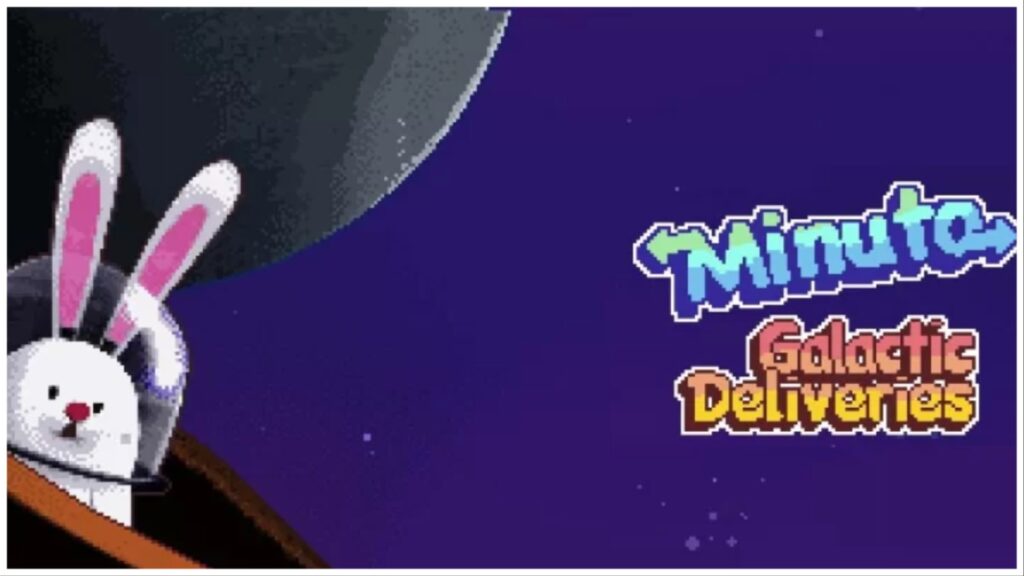 On the left we see a white pixel bunny, Minuto, wearing a clear space helmet. On the right is the games logo "Minuto - Galactic Deliveries". The background is a deep blue space with a planet behind minuto.