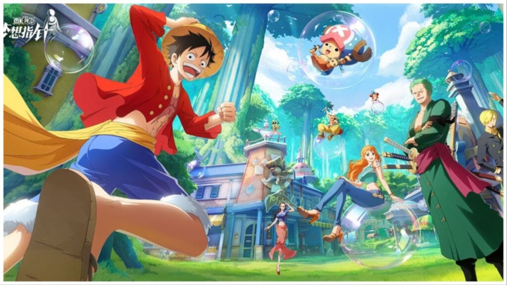 The image shows Luffy and friends in a colorful setting surrounded by skyscraper trees and interesting buildings