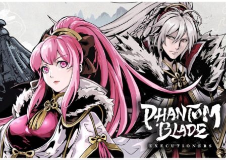 The image is a lovely illustration of two characters from Phantom Blade. The forefront character is a pink-haired female. The character behind her is a male with long silver hair and a stoic expression. The art style of the two is very lineart heavy with a very paintery feel.