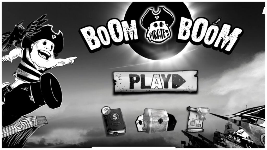 Black and white title screen of pirate boom boom with the playable pirate character perched atop a canon on the left hand side