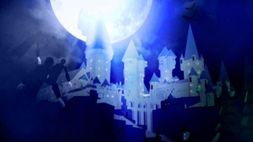 Feature image for our Roblox guide on Ro-Wizard spells. Image shows a large castle with a full moon in the sky.