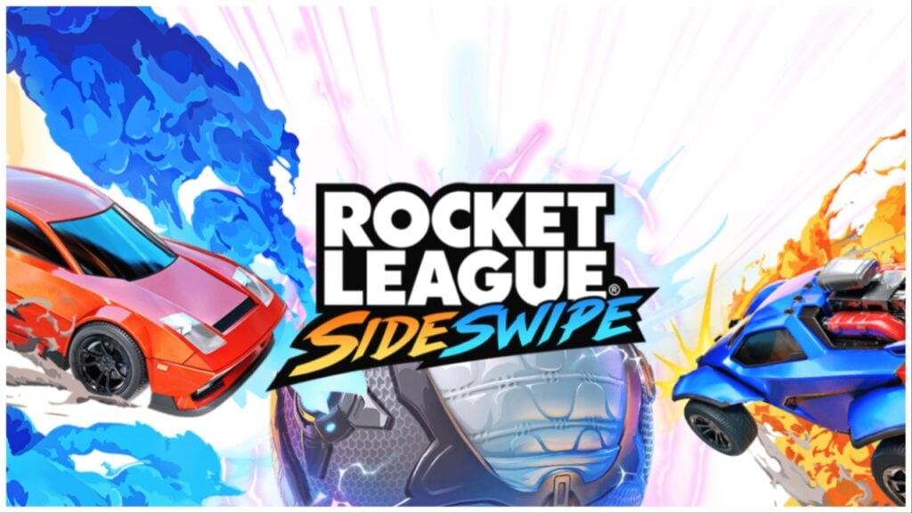 red car on the left and blue car on the right appear to be heading to collide for the central grey ball which has the bold rocket league sideswipe logo on it.
