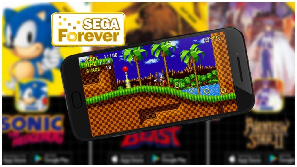 The image shows a phone with a Sonic game open. Blurred in the background are other SEGA titles. Above the phone is the SEGA Forever logo.