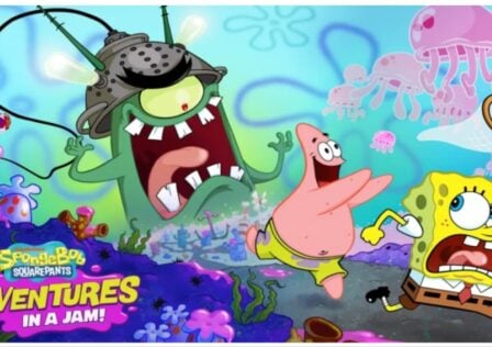 The image shows a giant Plankton wearing what looks like a food colander on his head laughing over SpongeBob and Patrick. Patrick looks unphased as he typically is, while he runs toward the jellyfish. Spongebob is holding a net and looks more fearful, though he is known for his dramatics!