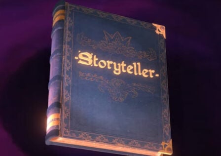Feature image for our news article on the puzzle game called Storyteller. Image shows a purple background with a large dark blue book in the middle with the word 'Storyteller' written in gold on the front of it.