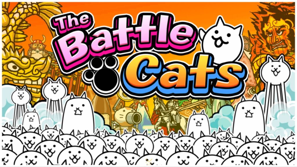 The battle Cats title screen! Teeming with plenty of white cats of all shapes and sizes storming towards the viewer. Scary!!