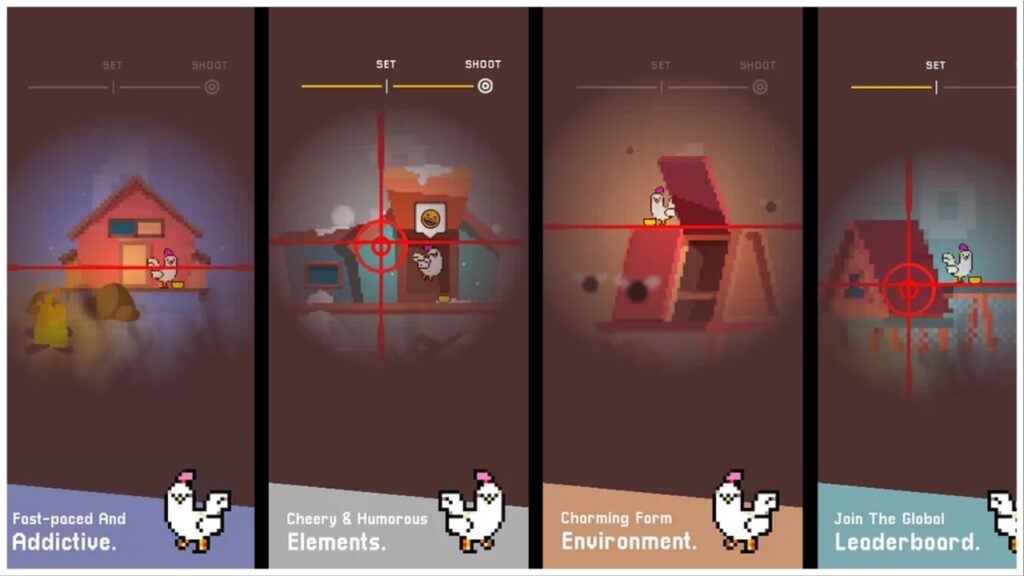 The image is a four-way split collage showing in-game screenshots from the game Who Let The Chickens Out. The bottom of the image shows different elements of the game