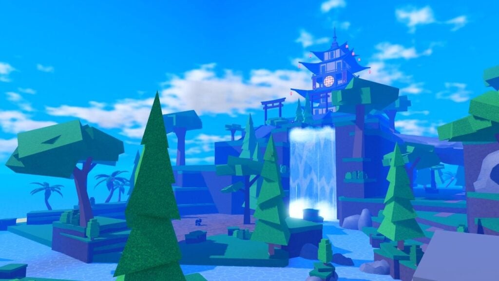 Feature image for our Anime Fighting Simulator powers guide. It shows and in-game screen of a temple on a hill with a waterfall.