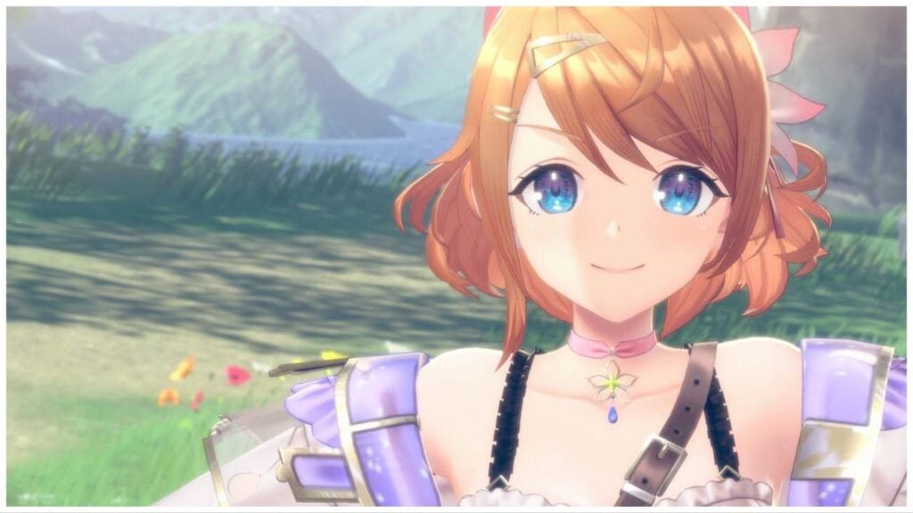 feature image for our atelier resleriana launch news, the image features a screenshot from a cutscene of resleriana as she smiles and puts her hands on her hips, she is surrounded by grassy land and flowers