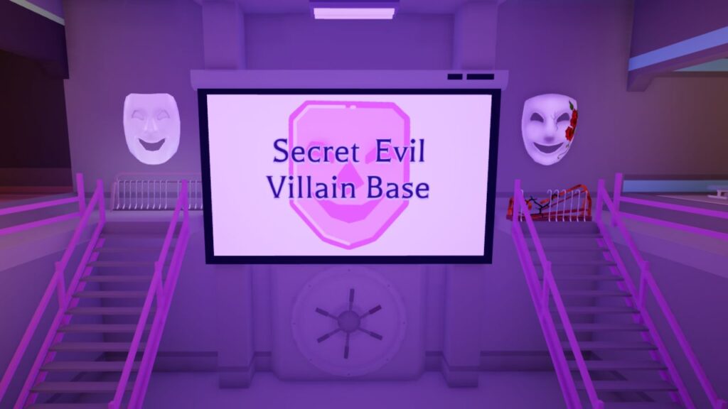 Feature image for our Break In 2 Golden Apple guide. It shows the inside of the villain base with the screen lit up, announcing that it is a secret villain base.