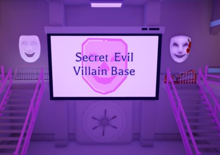 Feature image for our Break In 2 Golden Apple guide. It shows the inside of the villain base with the screen lit up, announcing that it is a secret villain base.