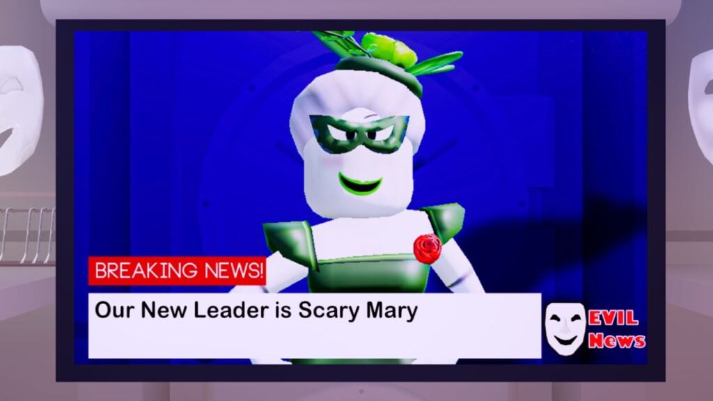 Feature image for our Break In 2 Scary Mary guide. It shows the character on a screen in-game, a female character with white hair and a green eyemask, with the text 'Our New Leader is Scary Mary'.