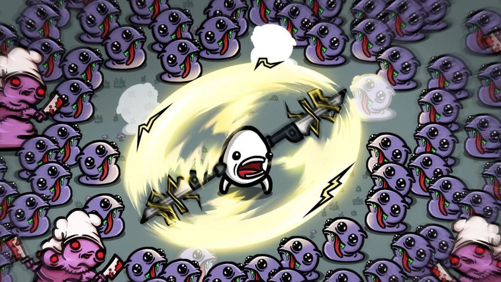 Feature image for our Brotato update news piece. It shows a protato character firing frantically at purple aliens.