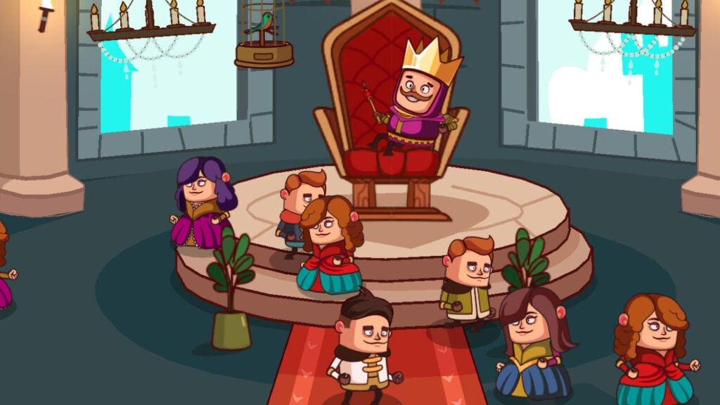 A king sat on his throne while his subjects dance in Castle Master.