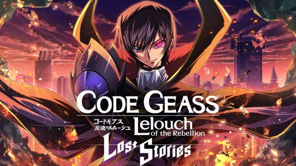 Feature image for our Code Geass: Lost Stories tier list. It shows promotional art of the character Lelouch stood before a burning wreckage against a cityscape.