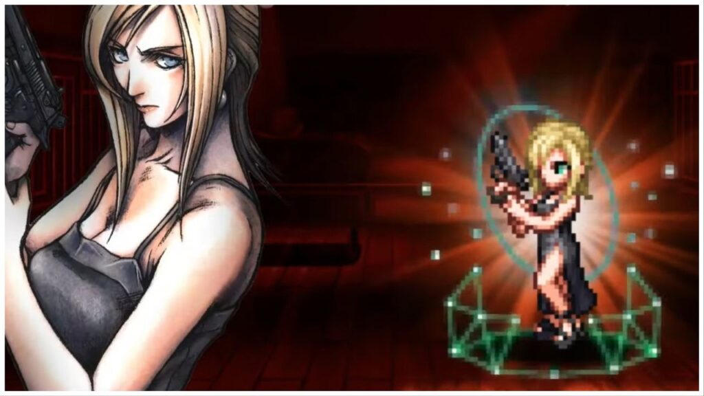 feature image for our ffbe parasite eve news, the image features a screenshot from the event trailer with art of aya brea in a black dress while holding a pistol up with a stern expression on her face, there is a pixel art version of her character to the right which is how she appears in ffbe