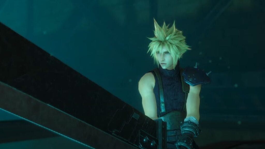 Feature image for our Final Fantasy VII: Ever Crisis Cloud tier list. It shows an in-game screen from the opening with Cloud drawing his iconic Buster Sword.