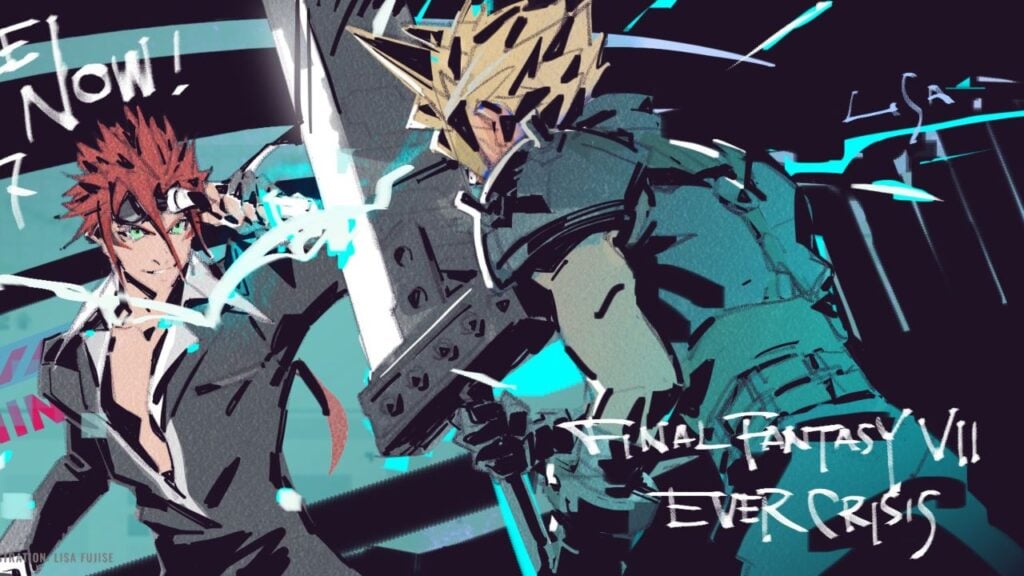 Feature image for our Final Fantasy VII Ever Crisis best team guide. It shows an illustrated piece from Square Enix of Cloud battling Reno.