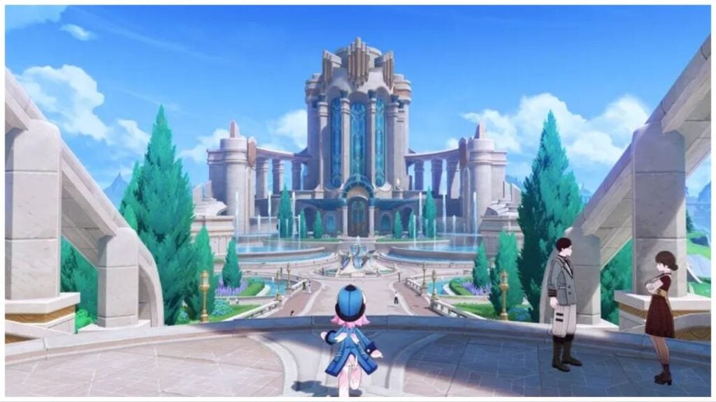 feature image for our genshin impact composer news, the image features a screenshot of fontaine with two fountains outside of a large building, there are residents of fontaine going about their day, there are plants and trees around the area