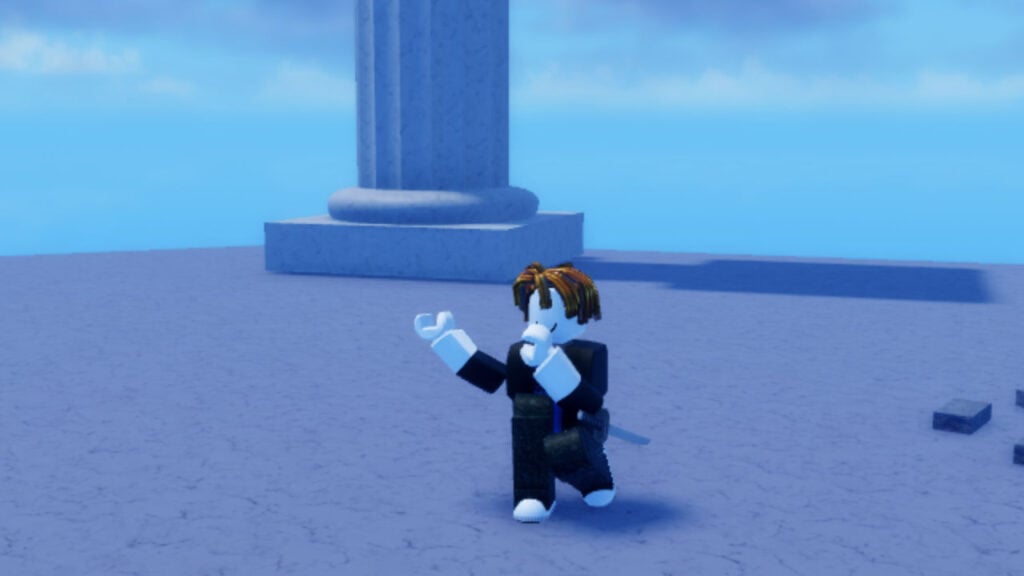 A Roblox character dancing in Blade Ball.