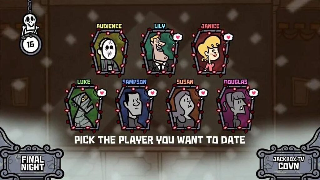 Image from our best Android party games. It shows a screenshot from a Jackbox game with several portraits of people and the question 'Pick The Player You Want To Date'.