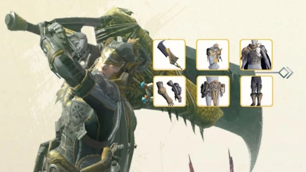 Feature image for our Monster Hunter Now armor sets guide. It shows an armored player character and all their equipment icons.