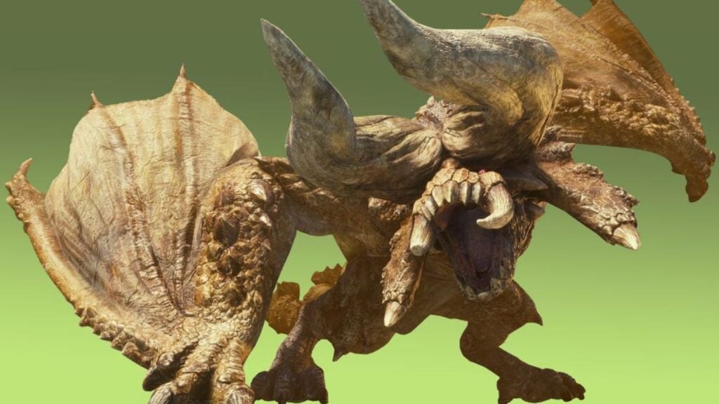 Feature image for our Monster Hunter Now Diablos guide. It shows a Diablos monster showing its teeth on a green background.