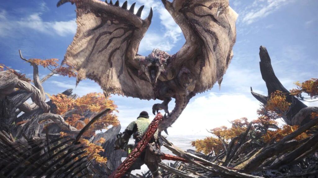 Feature image for our Monster Hunter Now Rathalos guide. It shows a hunter facing down a flying Rathalos.