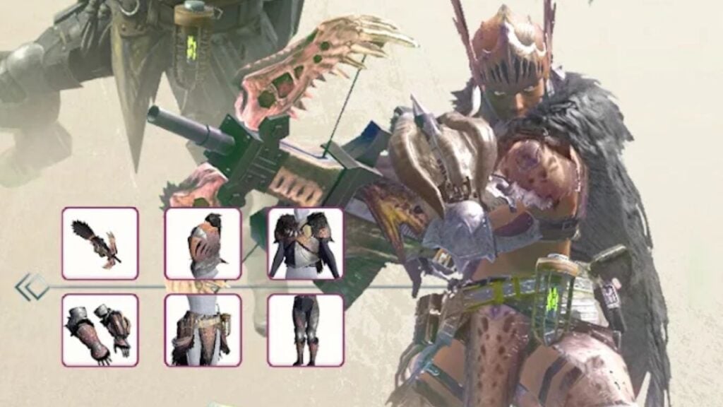 Feature image for our Monster Hunter Now tier list. It shows a Hunter in armor with their gear and weapon setup.