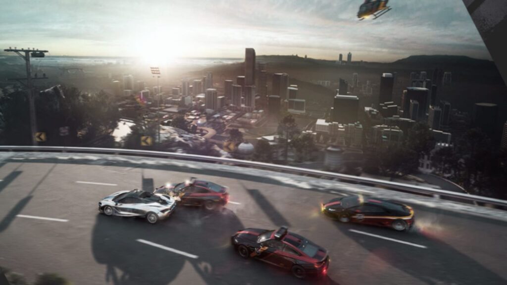 Feature image for our Need For Speed Mobile gameplay news piece. It shows a promo image of four cars racing on a road overlooking a cityscape.