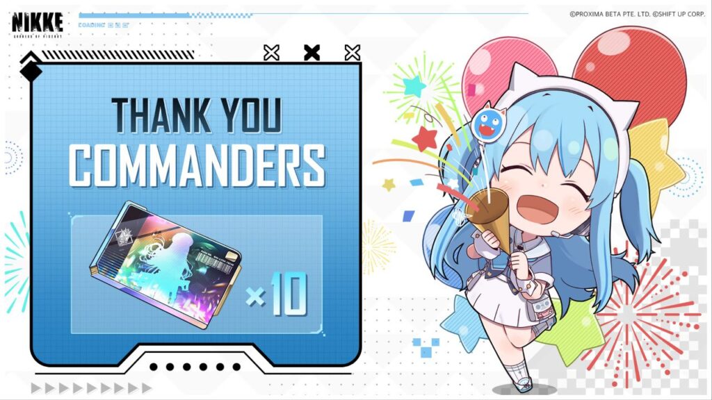 feature image for our nikke free pulls news, the image features promo art of shifty from the game pulling a party popper with confetti flying out as balloons and fireworks float behind her, there is a box to the left that says "thank you commanders" with a drawing of the advanced recruit vouchers from the game as well as the number 10 to show how many vouchers players have been given as a reward