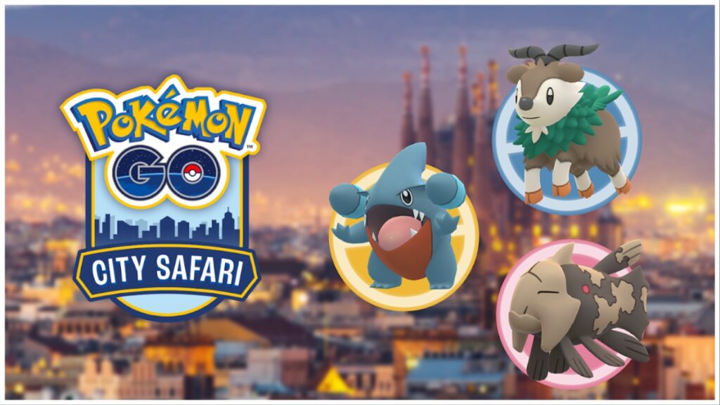 pokemon go safari logo on the left with three pokemon spotlighted for the Barcelona event on the right.